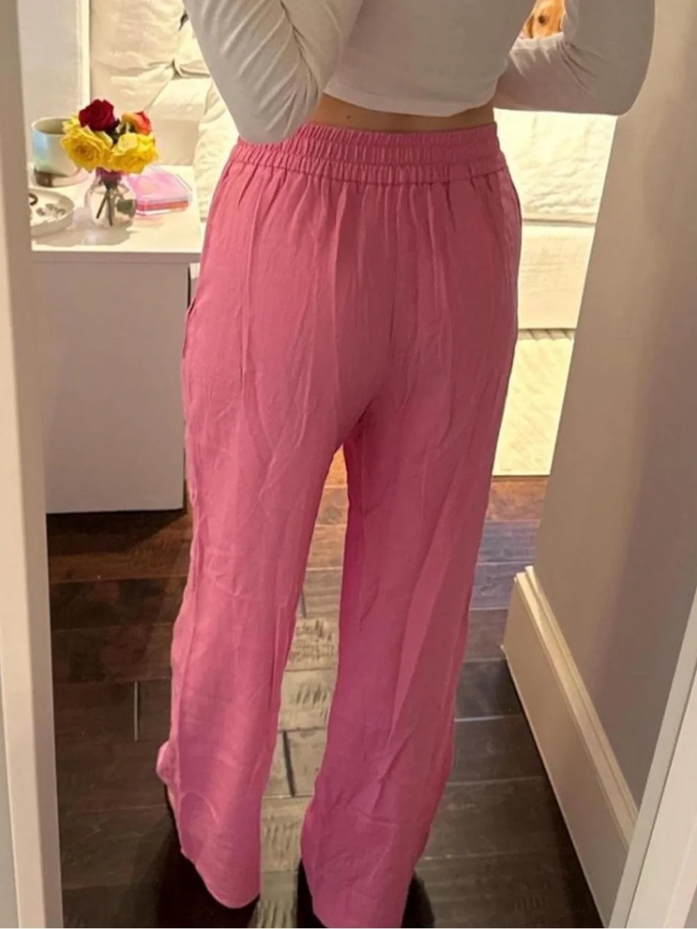 Zara Pink Wide-Leg Linen-Blend Pants